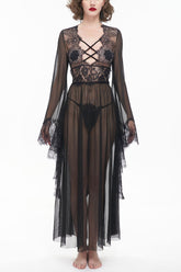 Robe gothique noire à manches évasées en dentelle avec dos nu et lacets pour femme